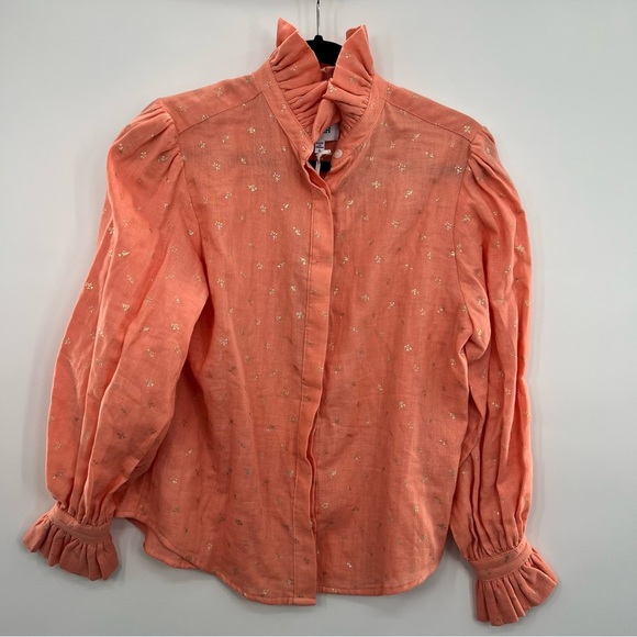 Delete Koch Phoebe Top Button Shirt Ruffle Collar Metallic Blouse Small - Picture 8 of 11